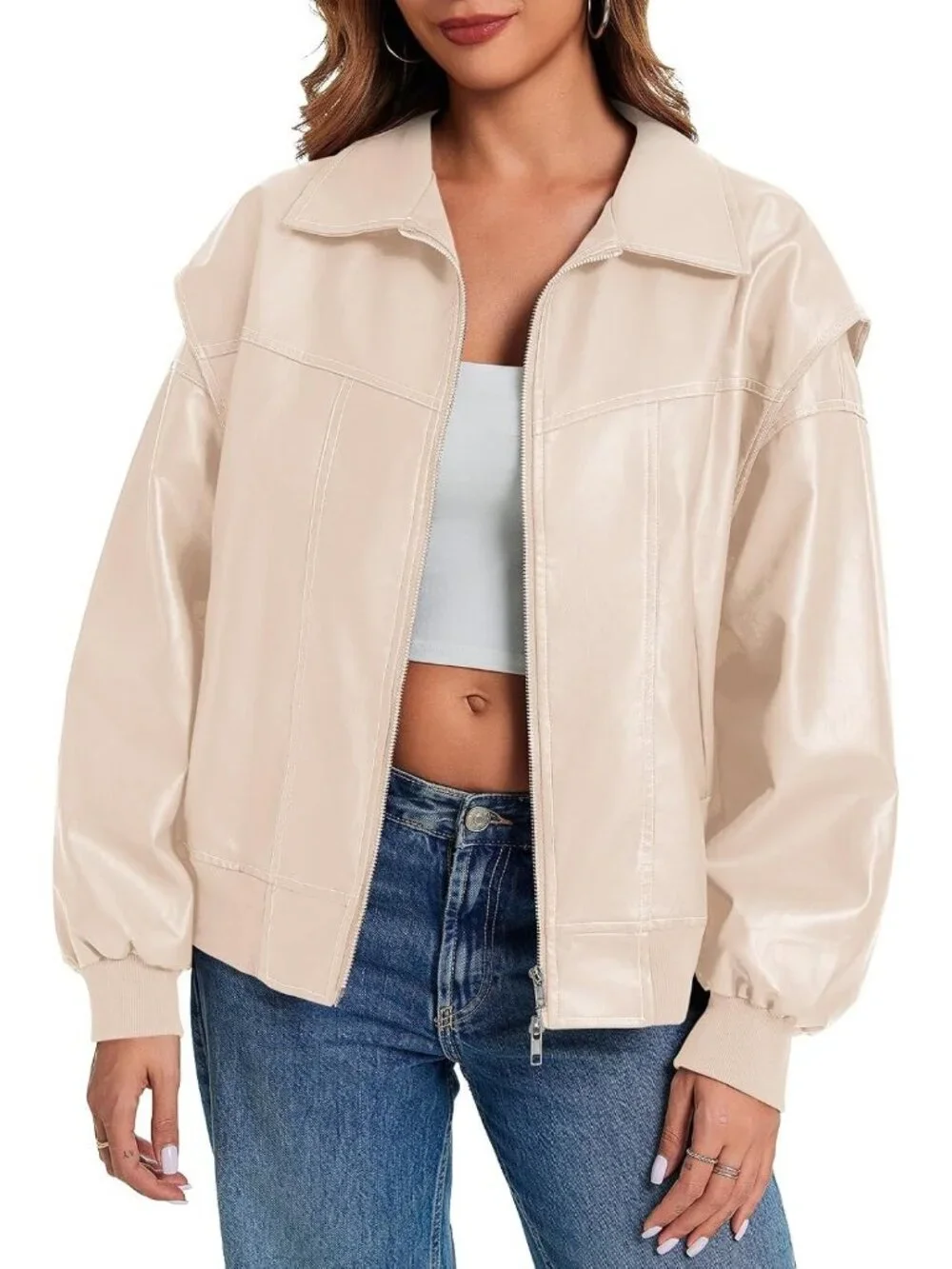 Women's Apricot Oversized Faux Leather Bomber Jacket Motorcycle ZIP Up Coat